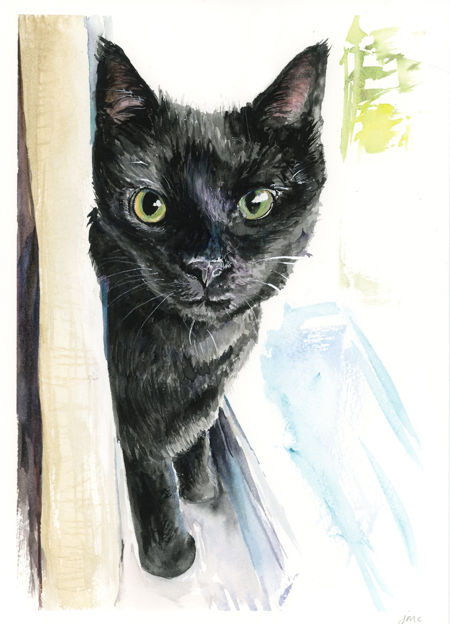 Watercolour painting of a black cat peeping around a beige curtain on a windowsill