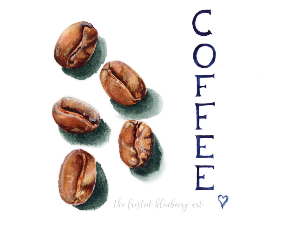 Illustration of coffee beans and the word COFFEE in watercolour