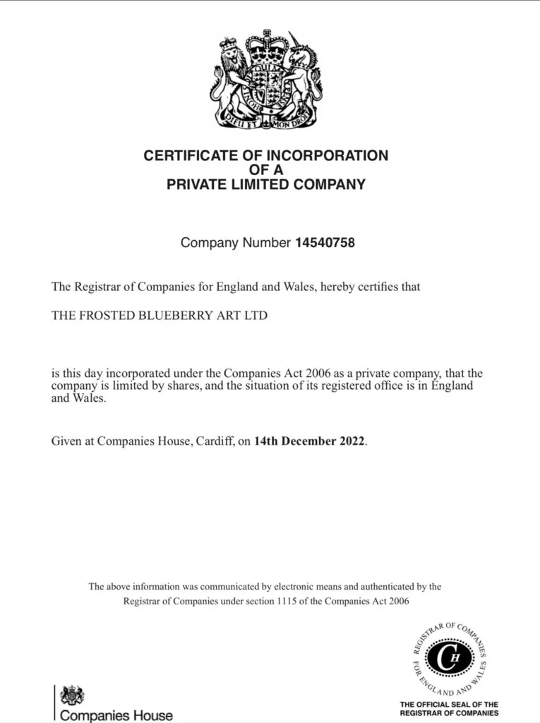 Certificate of private limited business status for The Frosted Blueberry Art ltd