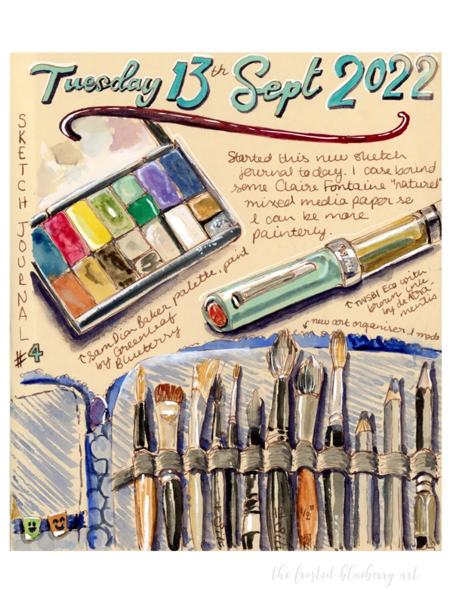 Sketch journal page on toned tan paper of art supplies including an art caddy, watercolour paint palette and a fountain pen
