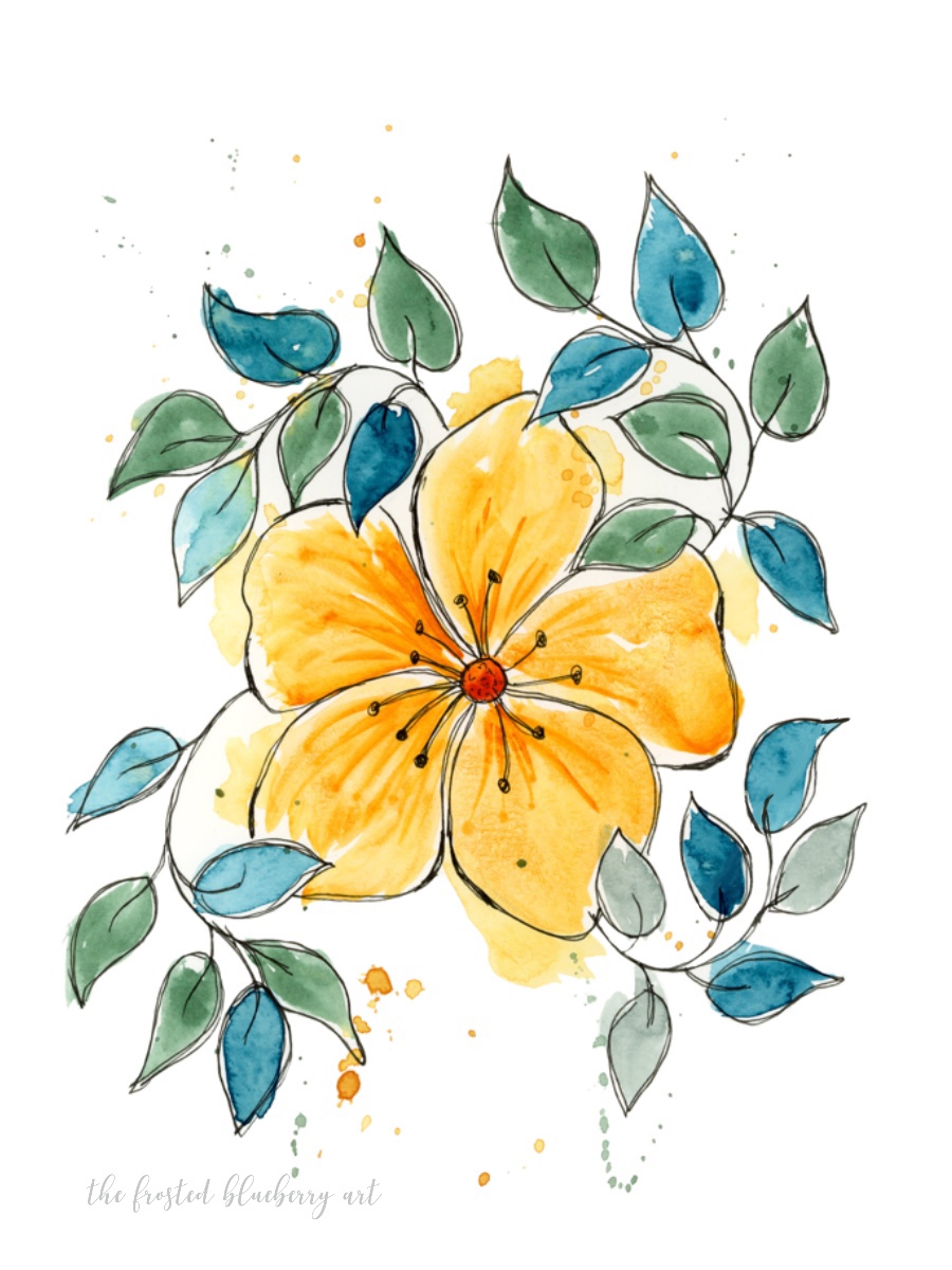 Illustration of a large yellow hibiscus flower surrounded by blue green leaves