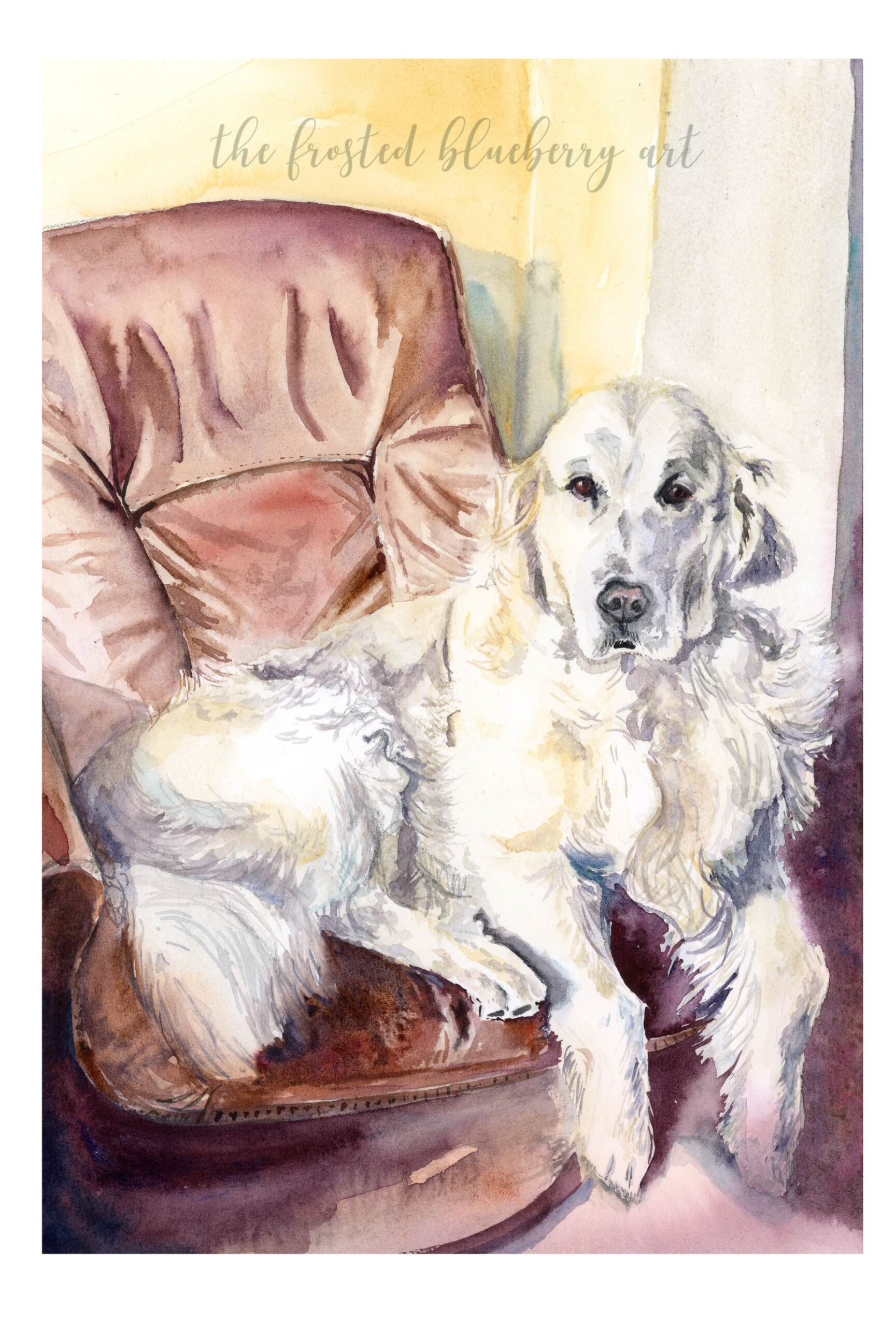 Watercolour painting of a sandy beige retriever dog sat on a well used burgundy leather lazy boy chair.