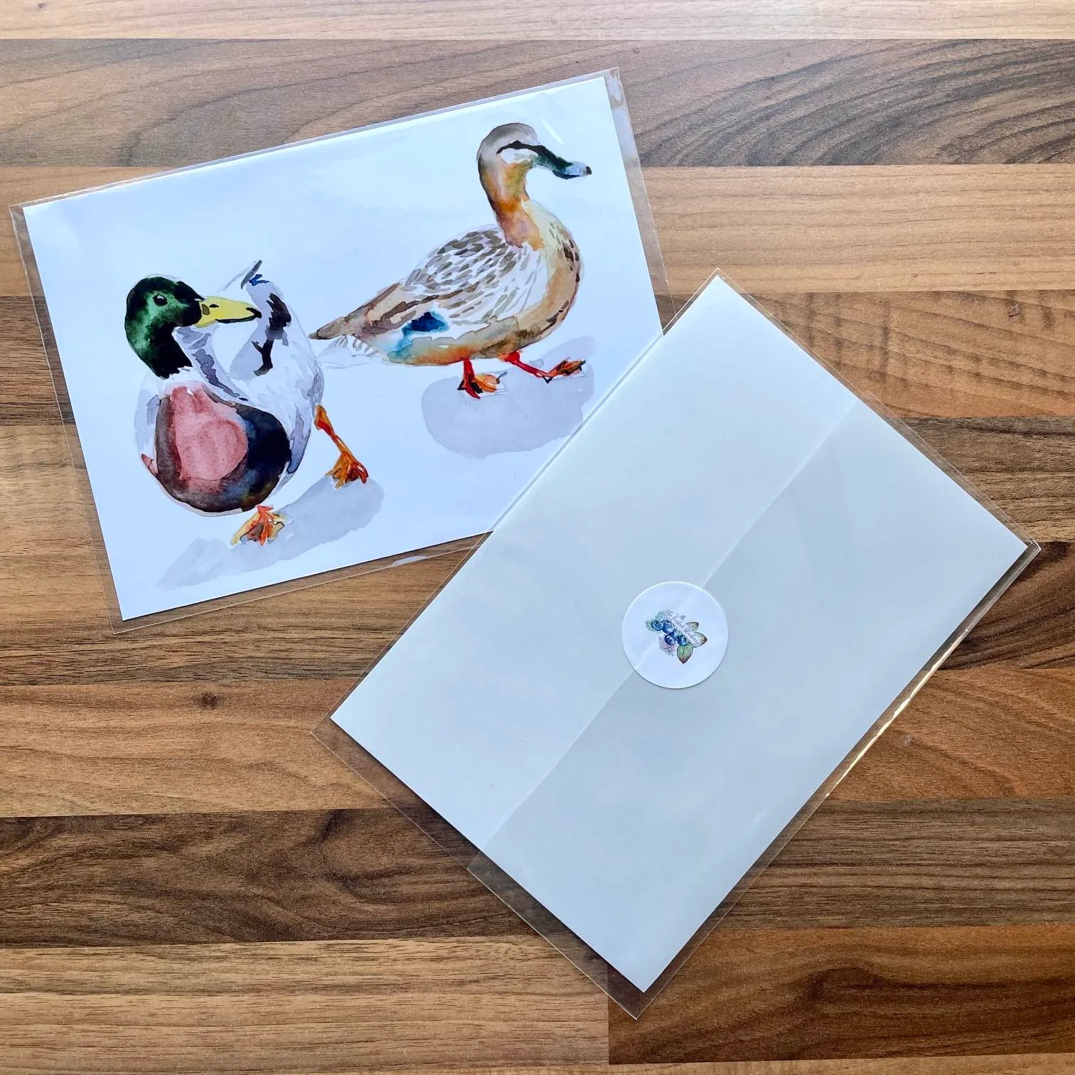 Watercolour print of a male and female mallard duck pair