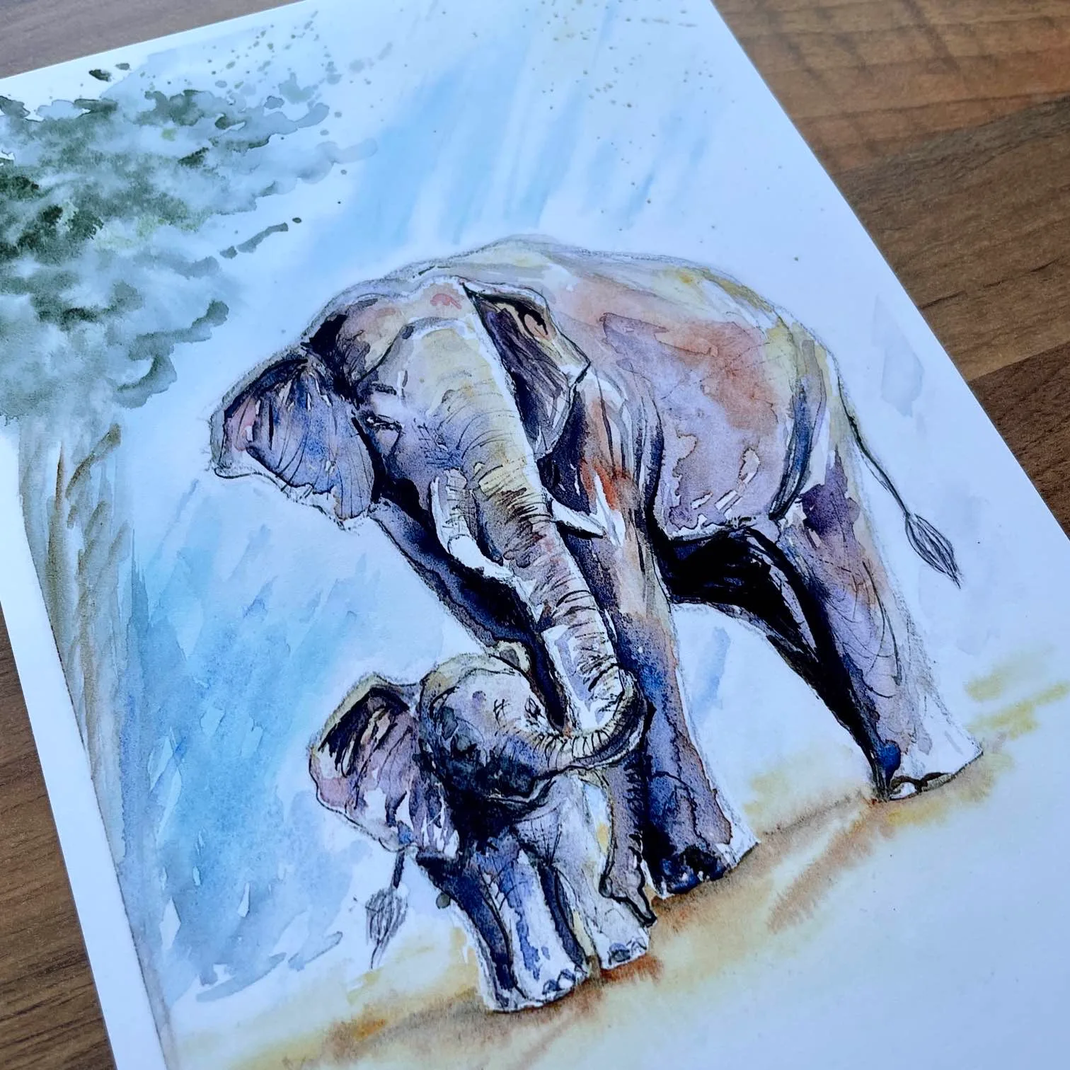 Watercolour painting of a mother and baby elephant holding trunks