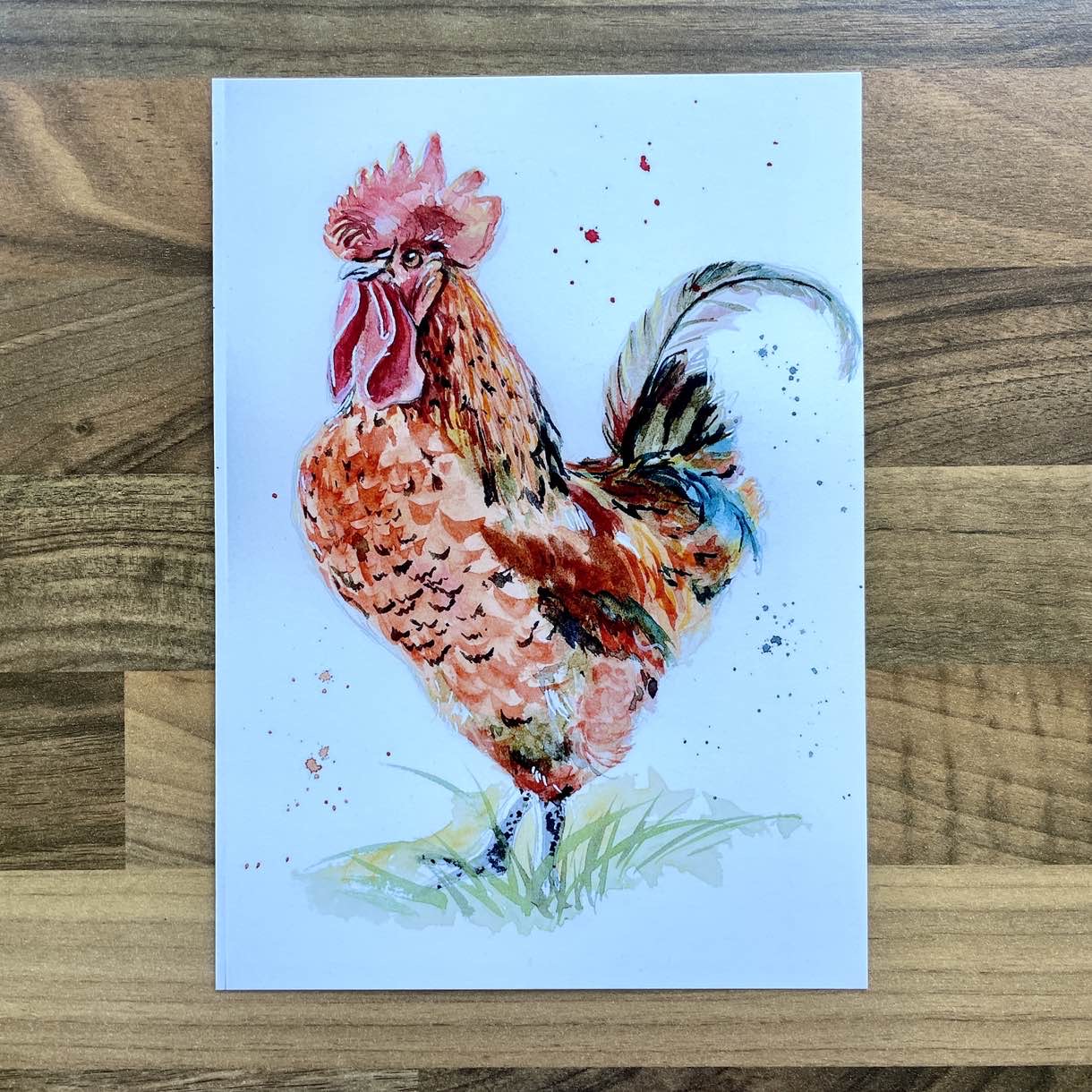 Watercolour painting of a rooster standing in long grass
