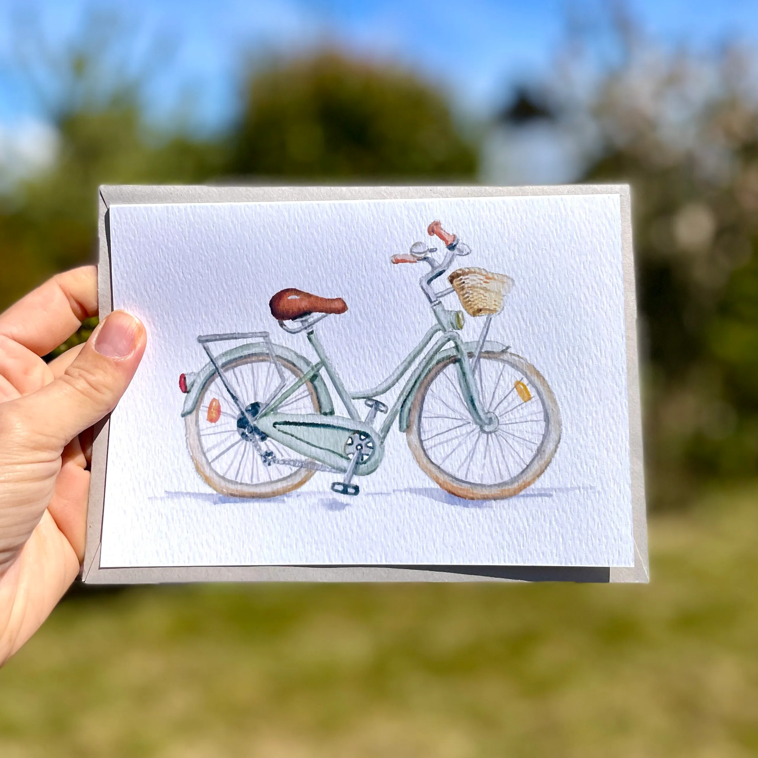 Watercolour bicycle on an A5 greetings card