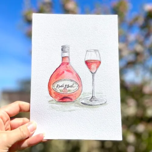 Original watercolour painting of rosé wine bottle and glass