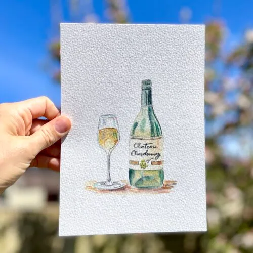Original watercolour painting of a bottle and glass of white wine