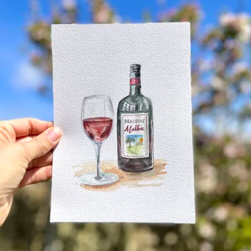 Original watercolour painting of a bottle and glass of red wine
