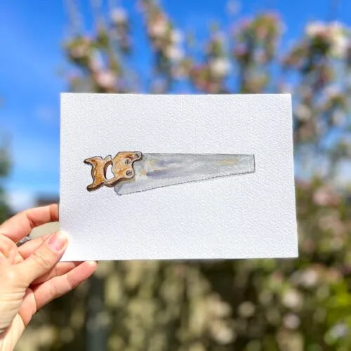 Original watercolour painting of a wood saw