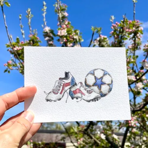 Original watercolour painting of football boots and ball