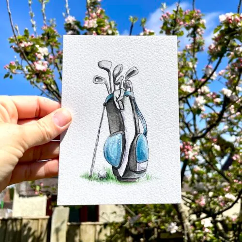 Original watercolour painting of golf clubs in a bag and ball