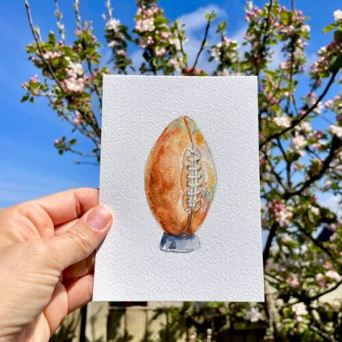 Original watercolour painting of a rugby ball