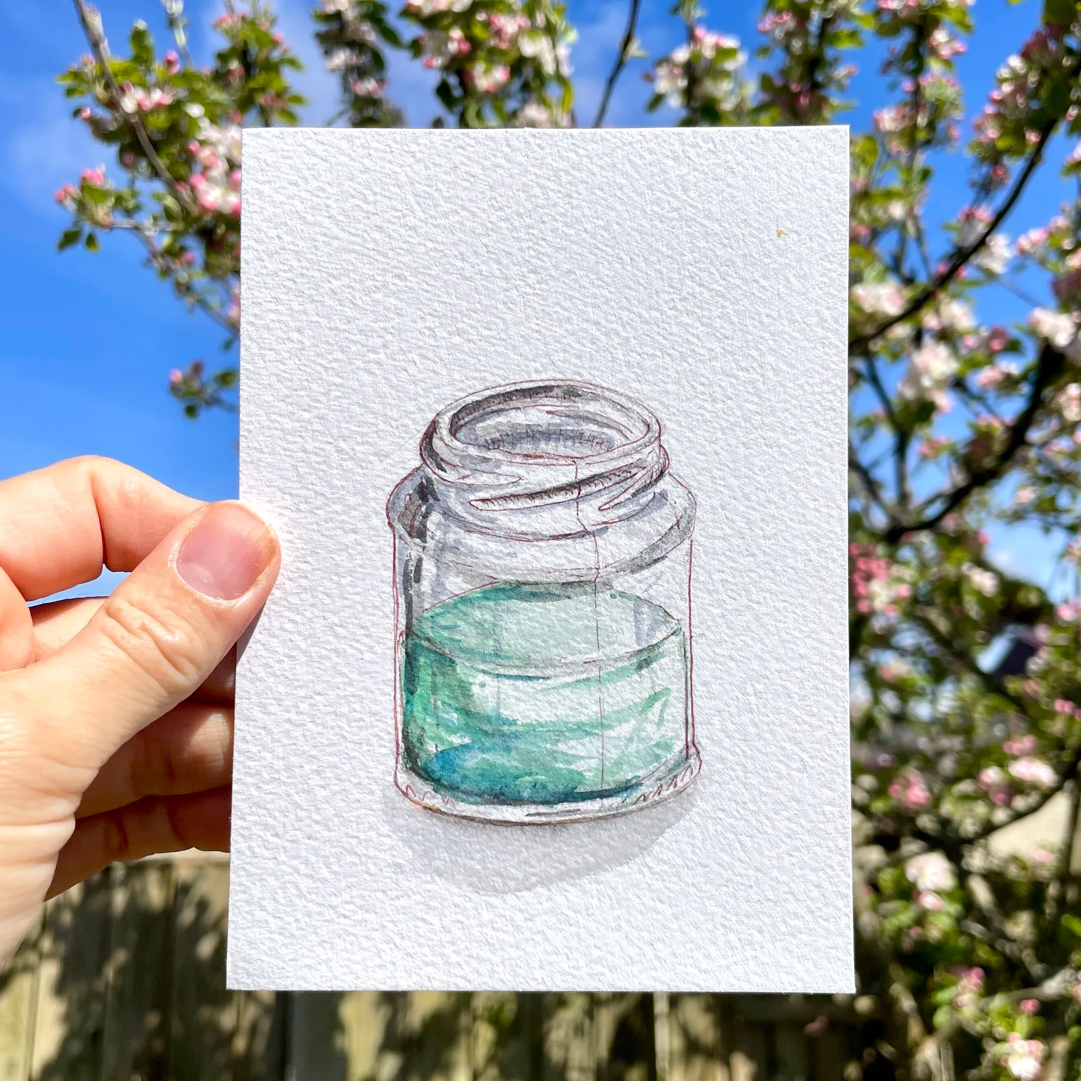 Original watercolour illustration painting of a jar of paint water
