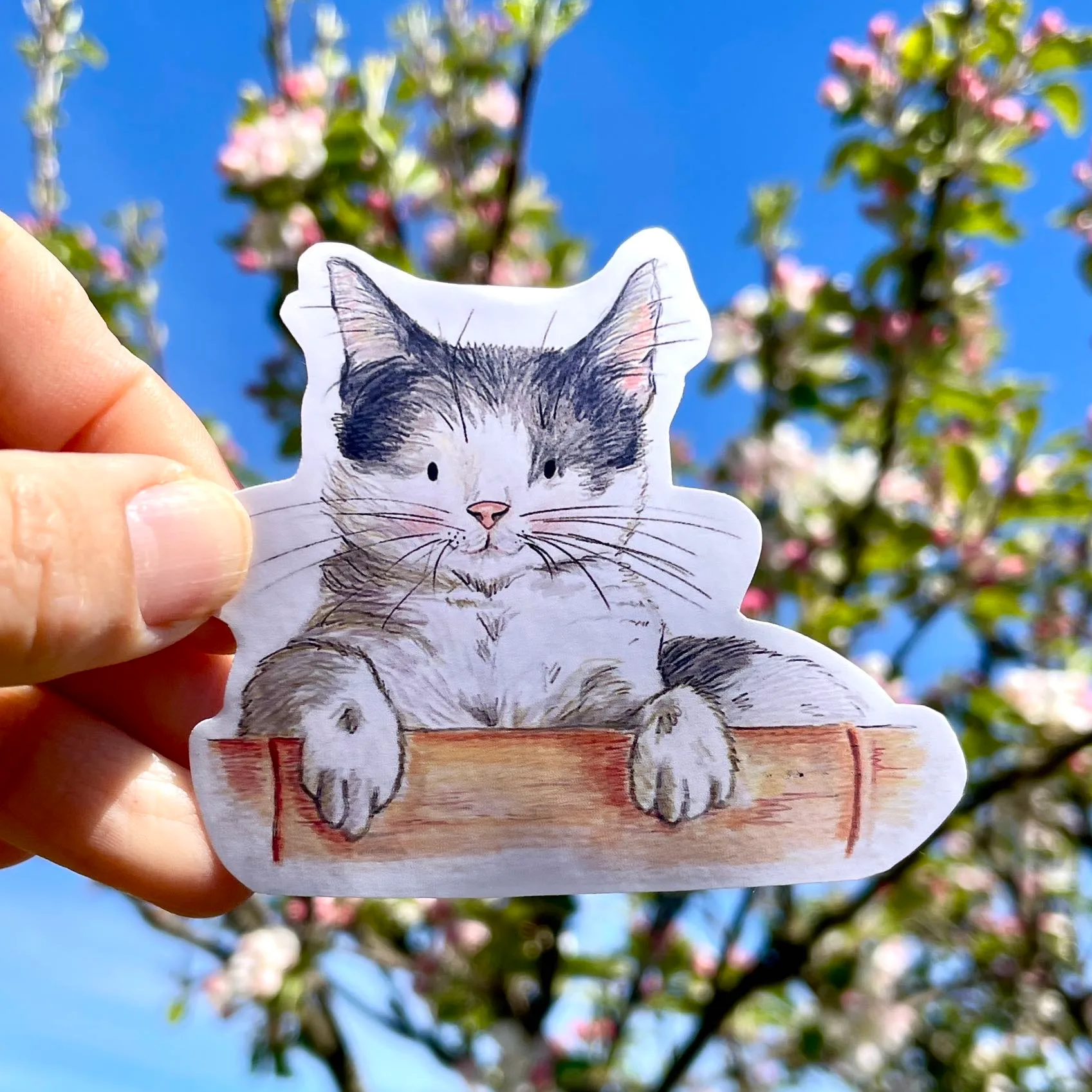 Vinyl die cut sticker of a black and white cat