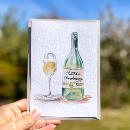 Watercolour white wine on an A5 greetings card