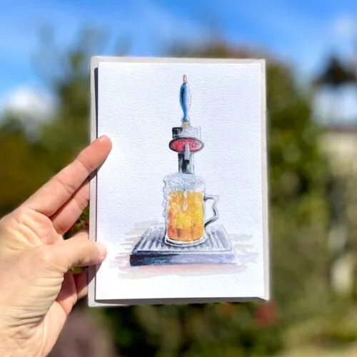 Watercolour the perfect pint on an A5 greetings card