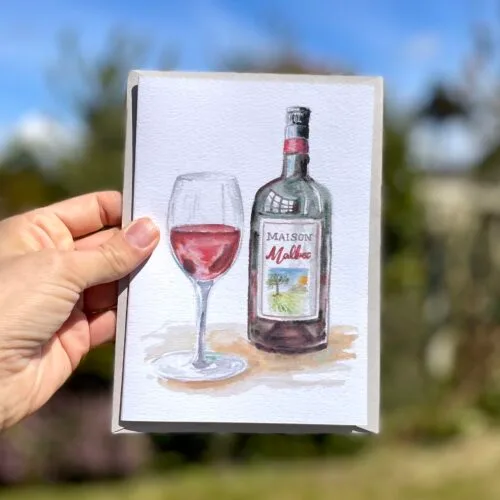 Watercolour red wine on an A5 greetings card