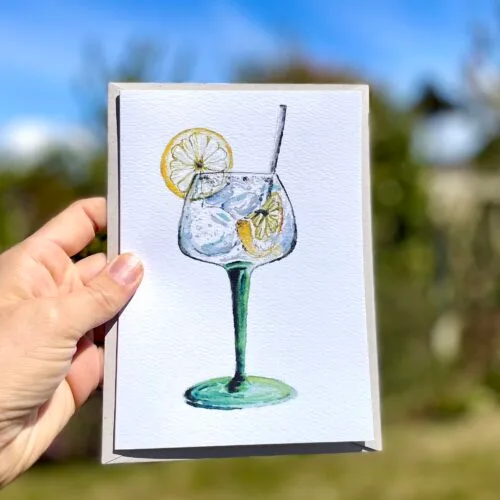 Watercolour gin and tonic on an A5 greetings card