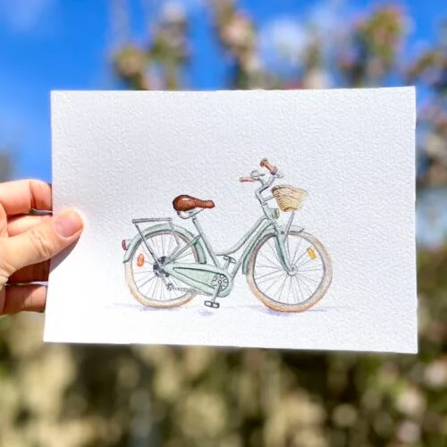 Original watercolour painting of green bicycle