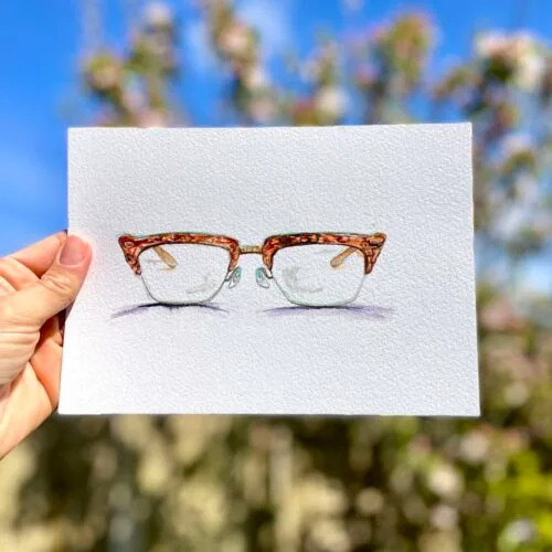 Original watercolour painting of horn rimmed glasses