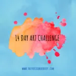 Graphic with bright pale blue background and pink and orange paint splash with the text 4 Day Art Challenge
