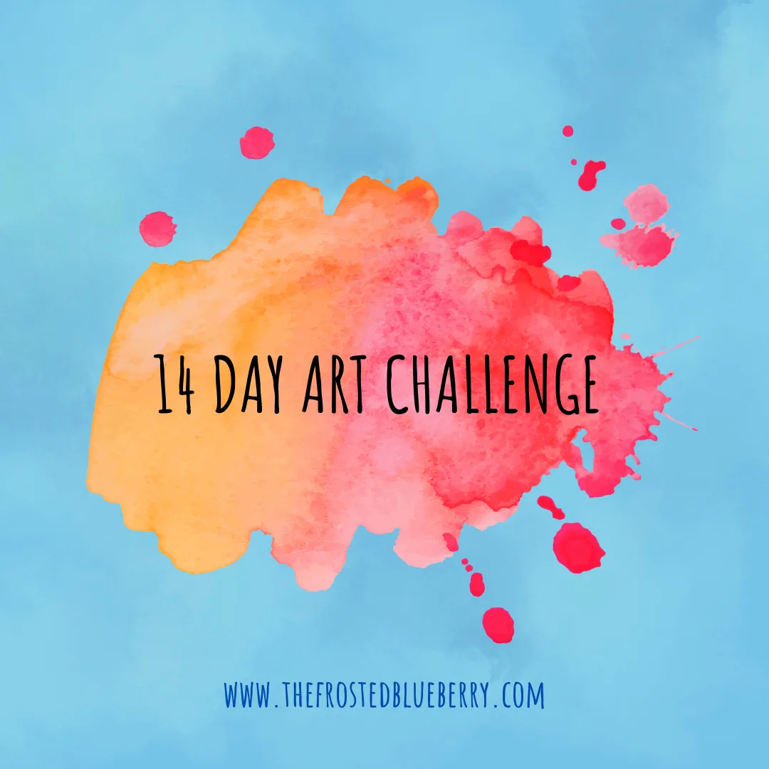 Graphic with bright pale blue background and pink and orange paint splash with the text 4 Day Art Challenge